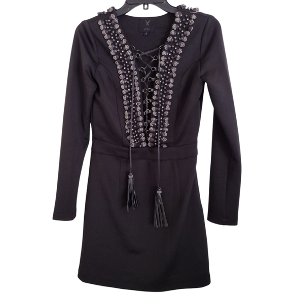 X By NBD black bodycon minidress with beading, lace up detailing tassels Size 4 - Picture 1 of 13